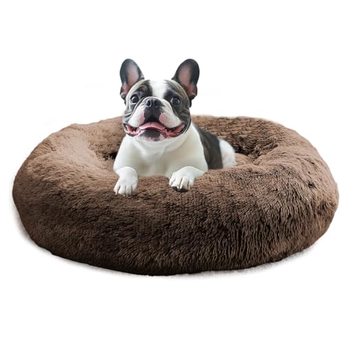 Image of JOLLYVOGUE Calming Dog Bed for Small Dogs - 23 inches Donut Washable Small Dog Bed for Kittens & Puppies, Anti-Slip Round Fluffy Plush Faux Fur Cat Beds (Fits up to 25 lbs Pets, Coffee)