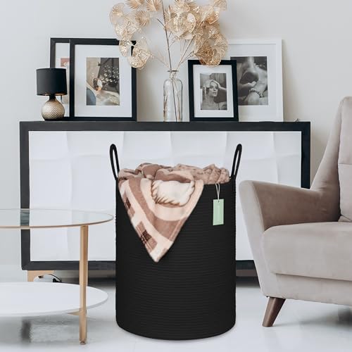 Image of Large Cotton Rope Laundry Hamper for Clothes 65L, Black
