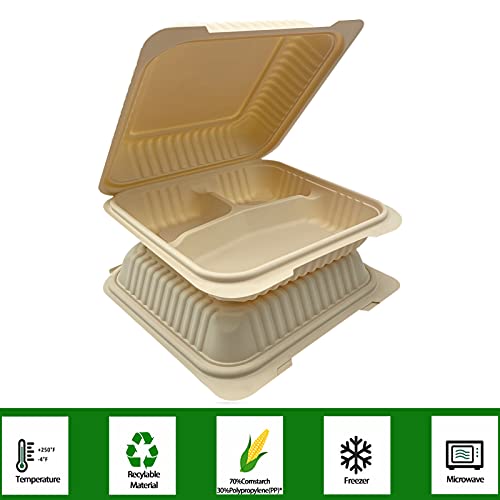 Szeyuen Eco-Friendly Clamshell Take Out Food Containers [8X8" 3-Compartment 50-Pack] Disposable To Go Containers For Food - Non Soggy, Leak Proof, Microwave And Freezer Safe #TOP1