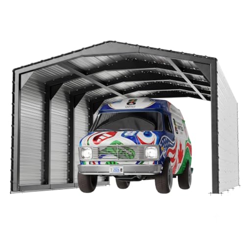 Image of Military-Grade Metal Carport 12x20 FT, Heavy Duty Garage 2-Sided Enclosure | 2x2 inch Steel Poles with Powder Coating, 17-Gauge Walls,100 PSF Snow Load Roof, Hurricane Resistant, Pickup, Truck, Ash Gray