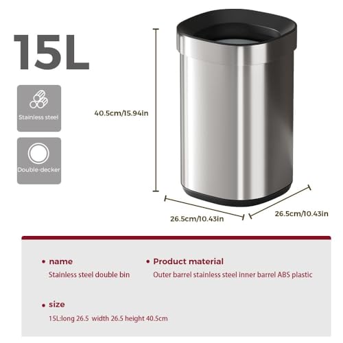 Caneca de basura cuadrada acero inoxidable 15L sin tapa miniatura 6