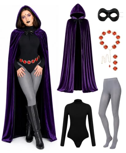 Image of Raven Costume for Women, 6 Pcs Raven Cosplay Costume Set with Purple Hooded Cloak Bodysuit Gray Tights Halloween Party Outfit