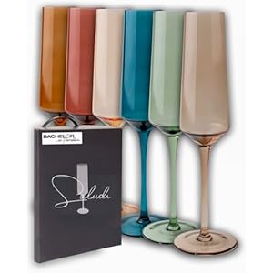 Saludi Colored Champagne Flutes – As Seen on ‘Bachelor in Paradise’ – 7oz (Set of 6) Stemmed Multi-Color Champagne Glass – Great for All Occasions and Gifts – Luxury, Durable, Hand-Blown