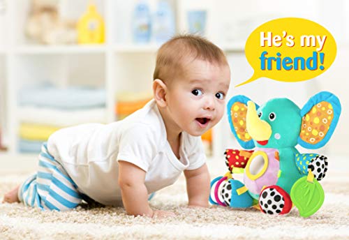OKIKI Elephant Plush Stuffed Infant Toy, Baby Development Toys with Musical Box, Squeaky Feet, Kids Mirror, BPA Free Teether - Stroller, Crib, Carseat Baby Toys - Thumbnail 3