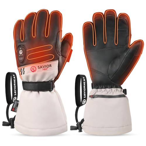 Image of SAVIOR HEAT Heated Gloves 2.0 for Men Women, Premium 3M Insulation App Control Rechargeable Battery Ski Gloves, Electric Waterproof Goatskin Fast Charging for Winter Skiing (Beige, Medium)