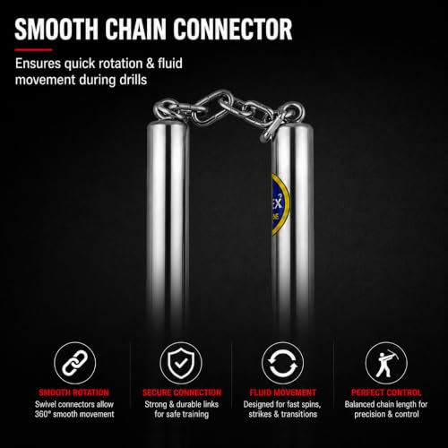 Image of VINEX Stainless Steel Fixed Nunchaku with Chain - Professional Grade Metal Nunchucks for Martial Arts Training, Polished Finish, Durable Stainless-Steel Build, Karate Practice Stick (Without Lock)