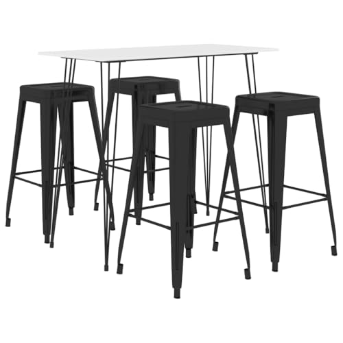 RMIHSJG Ensemble de bar 5 pièces blanc et noir au design moderne pour bar, pub ou restaurant – Table haute robuste en MDF avec cadre en métal et tabourets...
