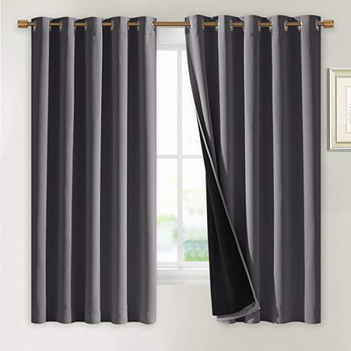 Image of NICETOWN 100% Blackout Curtains with Black Liners, Thermal Insulated Full Blackout 2-Layer Lined Drapes, Energy Efficiency Window Draperies for Bedroom (Grey, 2 Panels, 70-inch W by 63-inch L)