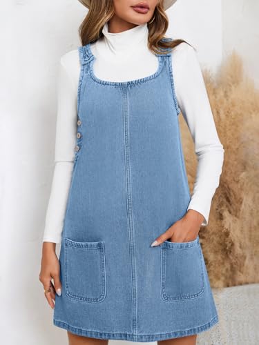 BZB Women's Sleeveless Casual Denim Dress Crewneck Vintage Loose Jean Overall Dress with Pockets2
