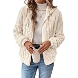 Yeenily Teddyjacke Damen PlüSchjacke Fleece Einfarbig Langarm Zip Damen Mit Kapuze Taschen ReißVerschluss Sweatshirt Hoodie (Apriksfarbe, XL)