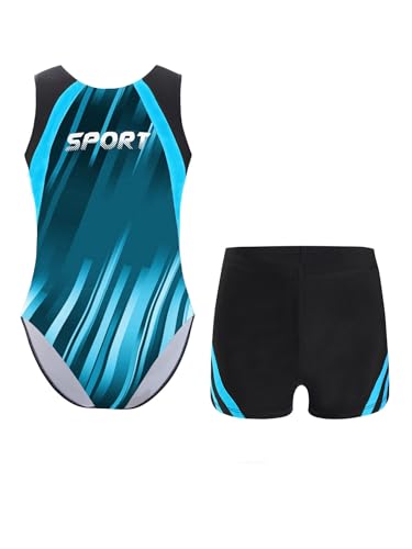 Mufeng Justaucorps Gymnastique Sans Manche Enfant Garçon Leotard Avec Short Tenue Danse Patinage Bleu Vert 9-10 ans