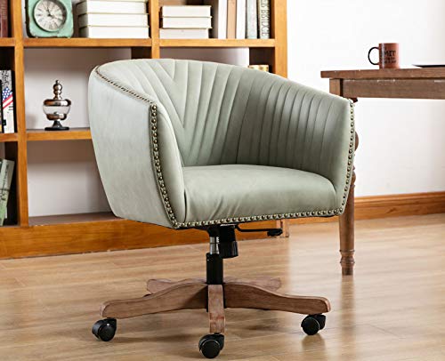 Guyou Barrel Home Office Desk Chair With Wood Base, Upholstered Ergonomic Accent Arm Chair With Luxurious Nailheads And Pleated Mid-Back For Home Studio Bedroom Vanity, Green In Faux Leather #TOP6