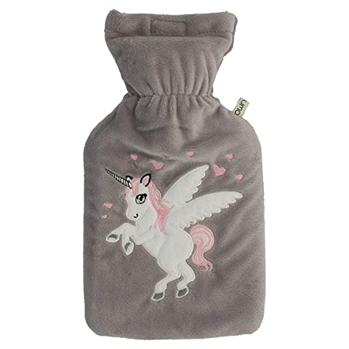 Premium Wärmflasche Einhorn 1 Liter mit hochwertigem weichem Fleece Bezug eingesticktem Einhorn, Klettverschluss und extra Fütterung, BS1970:2012 zertifiziert, TÜV Rheinland getestet