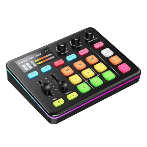PUSOKEI Mezclador de Audio para Juegos, Tarjeta de Sonido RGB en con Interfaz de Micrófono XLR, Bluetooth, Alimentación de 48 V, Cambiador de Voz para Transmisión en, Podcasting
