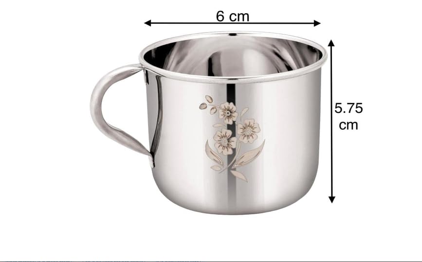 Image of One Bro Stainless Steel Tea Coffee Cup Set of 6, 150 ML Flowe Print Laser Finished Laser Finished, Flower Print Design, Sober Shape, Rust-Resistant Steel, Easy Grip Handle