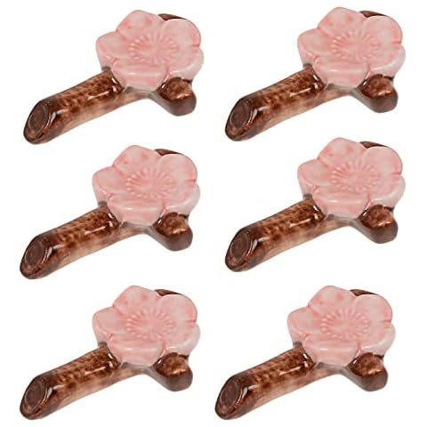 LARATH 6 Pieces Ceramic Chopsticks Rest Rack Cherry Blossom Chopsticks Holder Rest Dinner Spoon Stand for Dinner Fork Knife Tableware Writing Paint Brush, Pink Cover