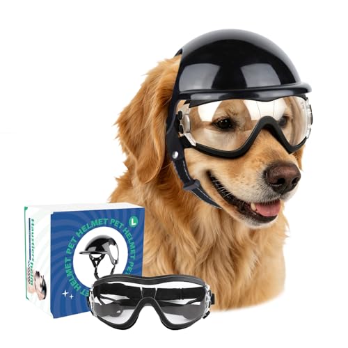 PETLESO Dog Goggles and Pet Helmet Set Large Dog Sunglasses Anti-UV Windproof Safety Motorcycle Helmet with Ear Holes for Medium to Large Breeds Head& Eyes Protection Clear L