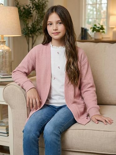 Image of Girls Open Front Cardigan Long Sleeve Casual Fall Winter Loose Knit Sweaters Coat with Pockets
