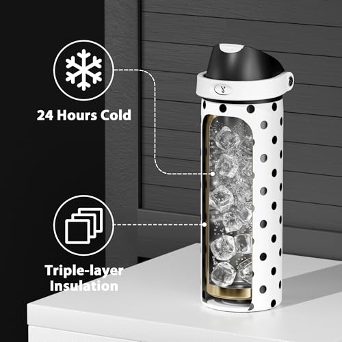 Image of 24 oz Insulated Water Bottle with Straw: Meoky Stainless Steel Metal Water Bottle with 2-in-1 Lid - Leak Proof, Cold for 24 Hours, Fits in Car Cup Holder, BPA-Free for Sports Travel Car, Polka Dot