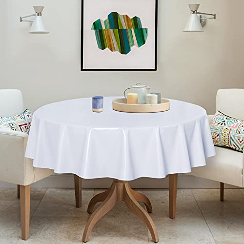 Image of sancua 100% Waterproof Round PVC Tablecloth - 60 Inch - Oil Proof Spill Proof Vinyl Table Cloth, Wipe Clean Table Cover for Dining Tables, Buffet Parties and Camping, White