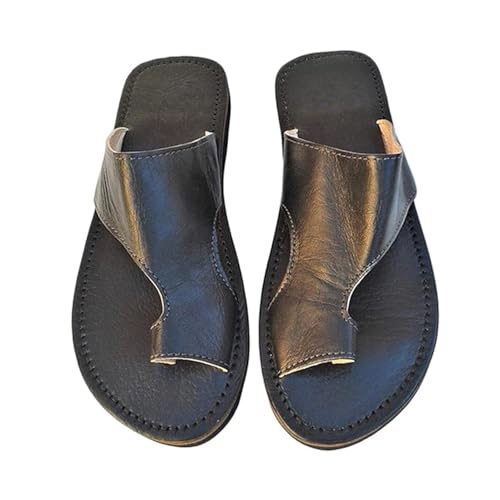 Yytcsjz Men Toe Ring Casual Summer Leather Bunion Corrector Slip-On Sandals, Front and Rear Hollow Fish Mouth Square Toe Corrector Flip Flops, for Flat Feet and Plantar Fasciitis Orthopedic(Black,11)