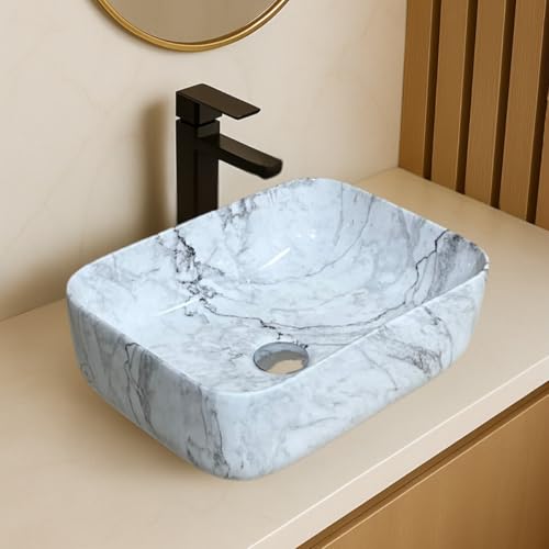 Image of Artiva Ceramic Wash Basin /Tabletop Washbasin For Bathroom,12 inchx16 inch /Small Countetop Bathroom Basin /Table Top Basin For Home,Office,Hotel /Rectangle Glossy Sink (Statuario-White,12x16 Inch)