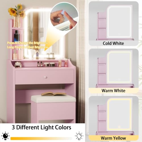 Image of LIKIMIO Small Vanity Desk with Storage Stool and Mirror Lights | Pink compact vanity featuring 3 lighting modes, acharging station, a storage drawer, 3 shelves and padded stool