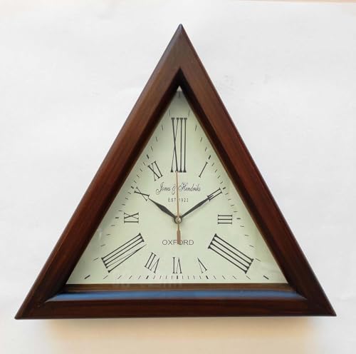 Image of PiH Handmade Wooden Triangle Designer Digital Wall Clock Antique Look Style with Deep Glass Roman Number for Home, Hall, Office, Farmhouse Decoration (12 Inch, White Brown)