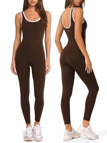 INNO MINT Jumpsuits for Women One Piece Workout Yoga Bodysuit Athletic Full Length Romper with Built in Bra Contrast Trim Square Neck
