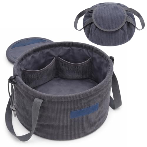 Shinylin Graduation Lay Flat Barrel Drawstring Makeup Bag Travel Corduroy Cosmetic Bag for Women Portable Open-flat Large Capacity Cosmetic Organizer Gift, Skincare & Brush Storage(Dark Gray)
