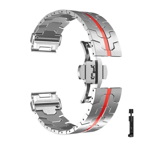 SRMVRNKNNK Fit For Garmin�E�H�b�`�ɓK�� Fit For Fenix 5/5X/5XPlus/6/6X/6XPro/7x�ɓK�� �`�^���J���[�X�e�����X�X�`�[���o���h(Silver red,26mm)