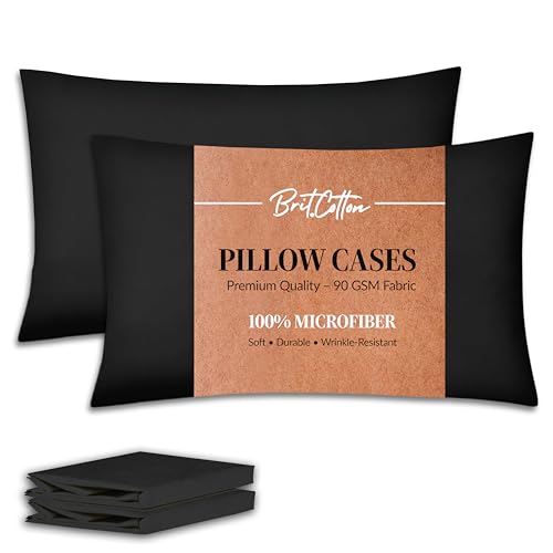 Image of Brit Cotton-Black Pillow Cases 2 Pack-1800 Super Soft 100% Brushed Microfibre Pillowcases-Envelope Closure-Non Iron,Breathable,Fade & Stain Resistant - Standard Size (50x75cm) Pillow Covers