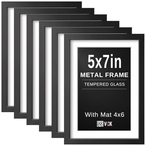 Image of VCK 5x7 Picture Frame Black Metal, Real Glass, 4x6 Mat, Set of 6, for Print
