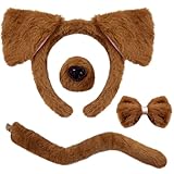4 Pcs Dog Ears Headband and Tail Nose Bow Tie Set,Brown Puppy Dog Ears Costume Accessories,Realistic Dogs Ears Headband,Fluffy Puppy Cosplay Costume Headwear