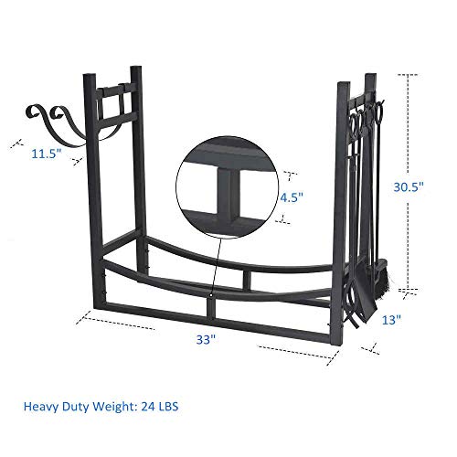 Firewood Rack Indoor Outdoor w/ 4 Tools, 3ft Log Rack Fire Wood Holders Storage Carrier by Patio Guarder, Heavy Duty Steel Log Holder with Kindling Holder for Backyard Garden Firepit Fireplace, Black