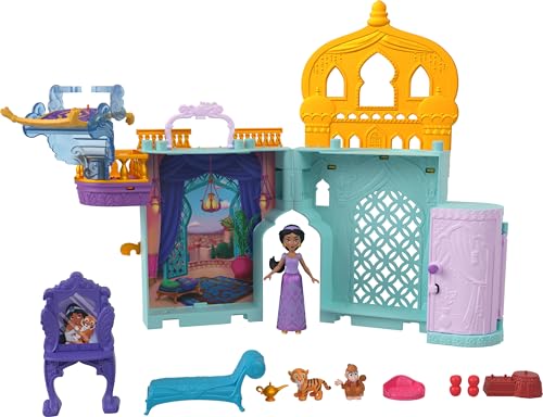 Disney Princesas castelo de Jasmine conjunto empilhável de casa de bonecas com boneca pequena, dois amigos e oito peças, brinquedos inspirados no filme Aladdin da Disney, JDP56