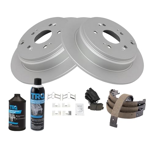 Image of TRQ Rear Brake Pad & Rotor Kit, with Chemical Kit Parking Brake Shoe Set Ceramic Premium G-Coated Compatible with 2007-2012 Acura RDX
