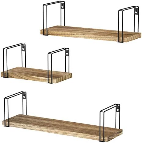SRIWATANA Rustic Floating Shelves, Decorative Wood Wall Shelves Set of 3, Wall Mounted Storage Shelves for Bedroom, Living Room, Kitchen, Bathroom, Office and More Carbonized Black