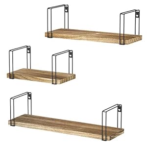 SRIWATANA Rustic Floating Shelves, Decorative Wood Wall Shelves Set of 3, Wall Mounted Storage Shelves for Bedroom, Living Room, Kitchen, Bathroom, Office and More Carbonized Black
