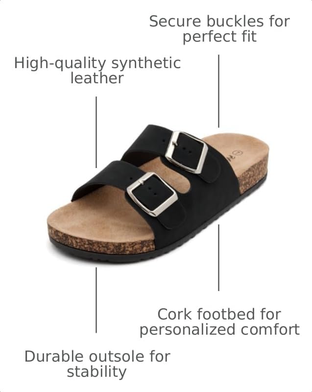 Image of Herstyle Womens Cork Footbed Slides for Women, Double Strap Flat Sandals, Adjustable Buckle Comfort Slip On Shoes, Summer Beach Casual Walking Slippers