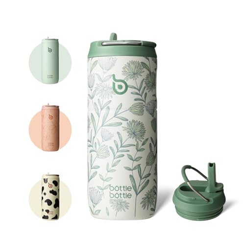 bottlebottle Gourde en acier inoxydable avec paille, 500 ml, sans BPA, couvercle anti-fuite, idéale pour l'école, le bureau, la randonnée et les excursions...