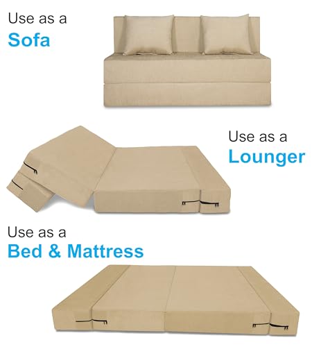 Image of Adorn India Easy 2 Seater Sofa Cum Bed (Alyn Pattern) Size 4' X 6' Ft (Beige Color) (1 Year Warranty)
