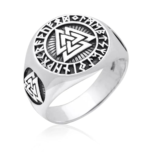Image of THE MEN THING Pure Titanium Steel Ring - Silver Triple Valknut Ring with Rune Circle Symbol, Odin Symbol - Norse Scandinavian Viking Signet Ring for Men & Boys (26)