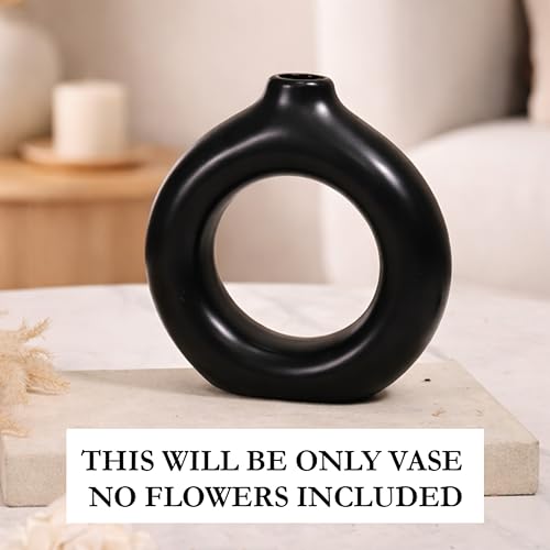 Image of Modern Matte Black Ceramic Donut Vase - Minimalist Hollow Round Flower Vase for Home Decor, Living Room, Bedroom & Office Accent, 5x5.1 Inch