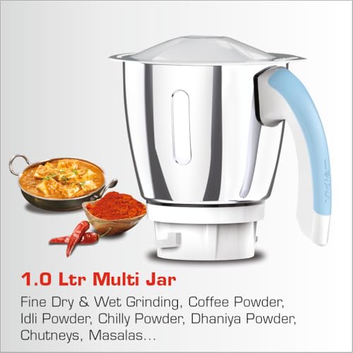 Image of Vidiem Eva Super Blu 750W Mixer Grinder with 4 Jars | 4 Jar in- 1 Juicer | 750W mixer Grinder | 2 Years Product Warranty & 5 Years Motor Warranty | Blue & White |
