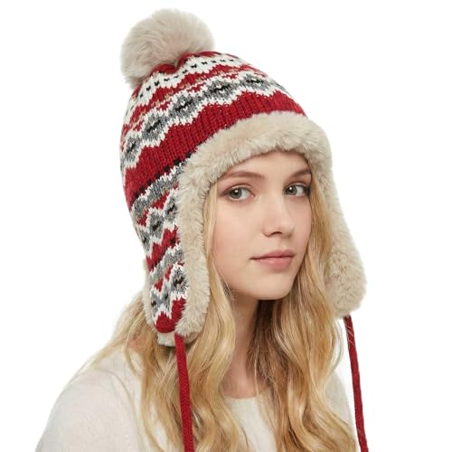 Winter Women Knit Hat Ear Flap Beanie Trapper Hats Skull Cap Men Red (US Numeric 6 3/4 7 1/2 Red)