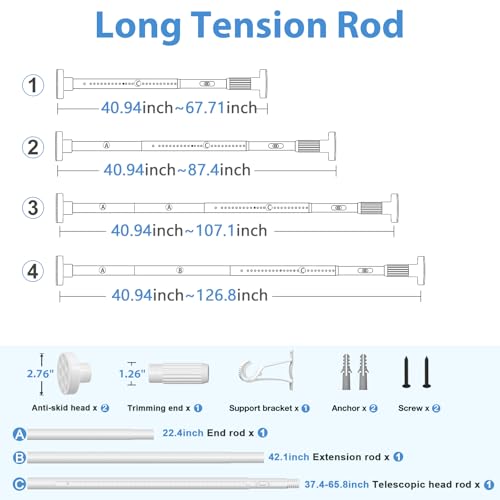Image of 2Pack Long Tension Rod 41-126inch White Tension Curtain Rods no Drilling