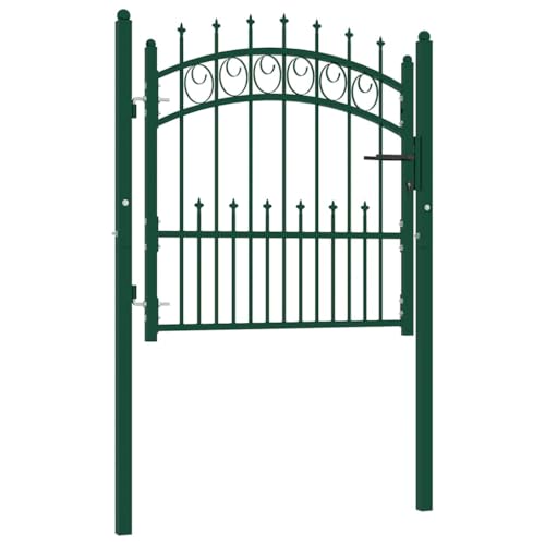 vidaXL Fence Gate Outdoor Garden Patio Entrance Gate Barrier Fencing Wrought Iron Arched Scroll Tall Gate with Spikes Steel 100x100 cm Green