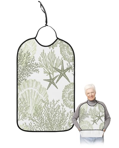 Kewadony Adult Bibs for Elderly Women - Teal Coral Waterproof Dining Clothing Protectors with Crumb Catcher for Eating/Feeding, Coastal Seaside Nautical Starfish Terry Cloth Bib Machine Washable