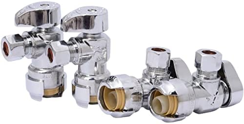 SharkBite 1/2 x 3/8 Inch Compression Angle Stop Valve, Pack of 4, Quarter Turn, Push to Connect Brass Plumbing Fitting, PEX Pipe, Copper, CPVC, PE-RT, HDPE, 23036LFA4